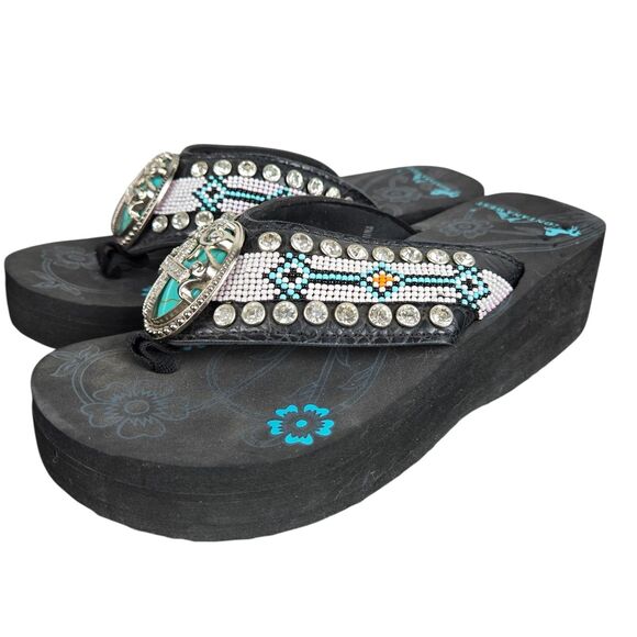 Montana West Wedge Flip Flop Sandal 6 Cross Medallion Turquoise Bead Rhinestone - Picture 3 of 14